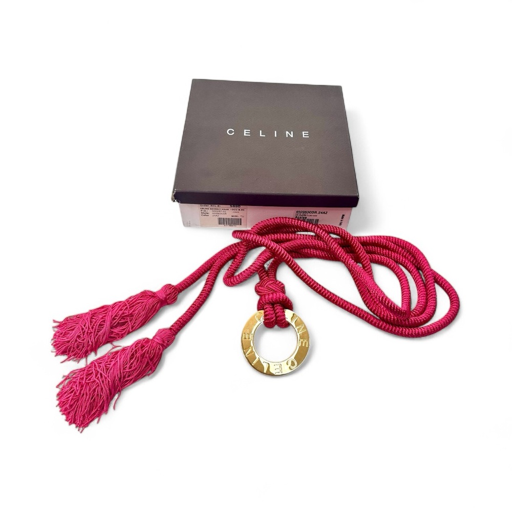 Celine bright pink twisted rope statement belt with two tassels and gold buckle